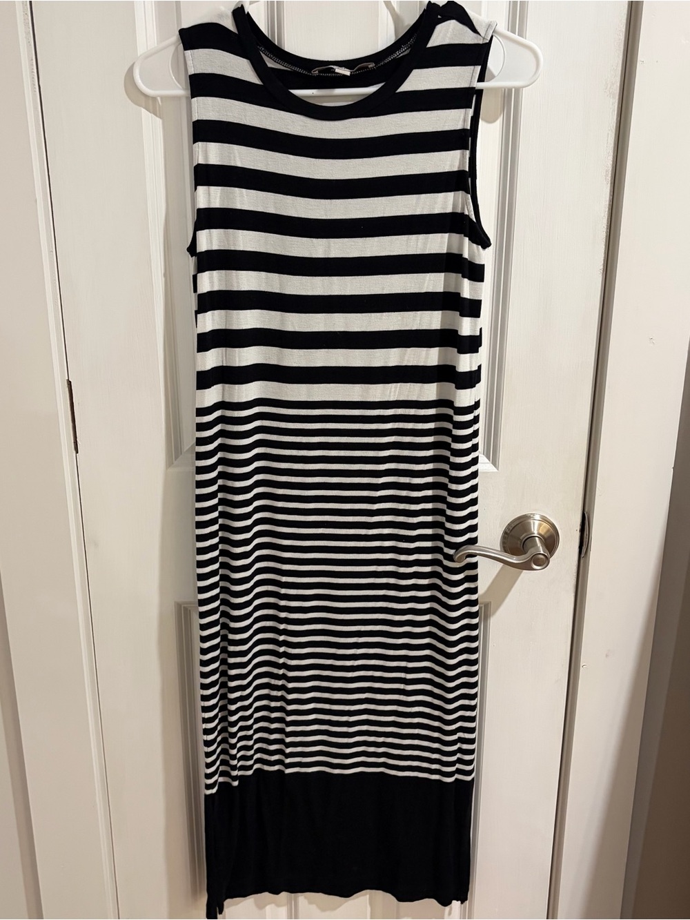 LOFT Black and White Striped Sleeveless Midi Dress